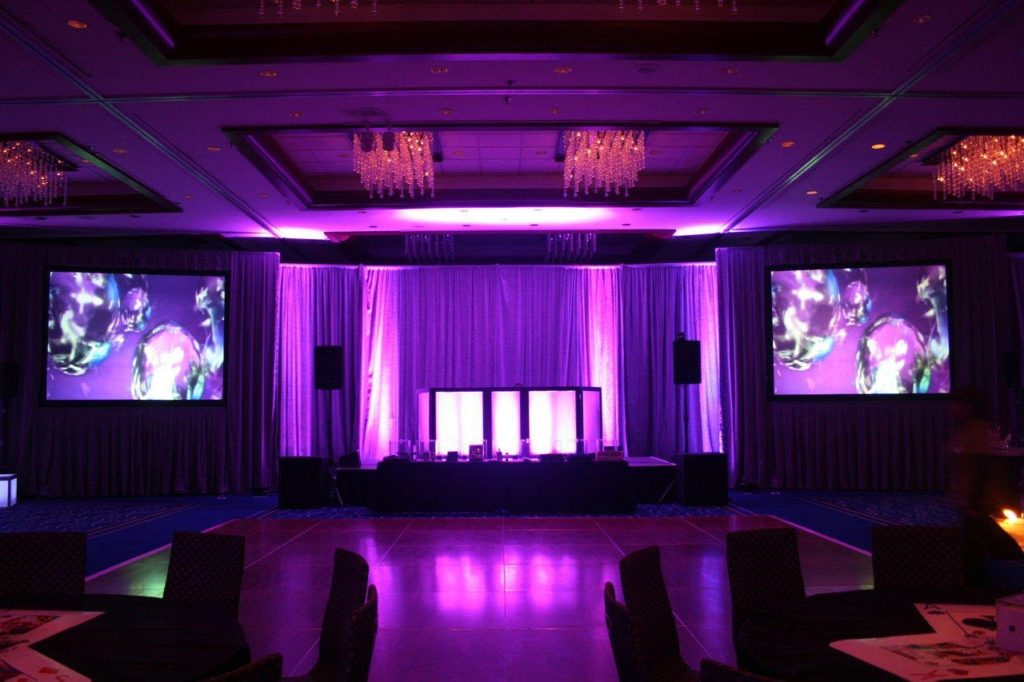 Business Presentation Set Up With Screens And Uplighting. Can also be used with a Wedding DJ for weddings.