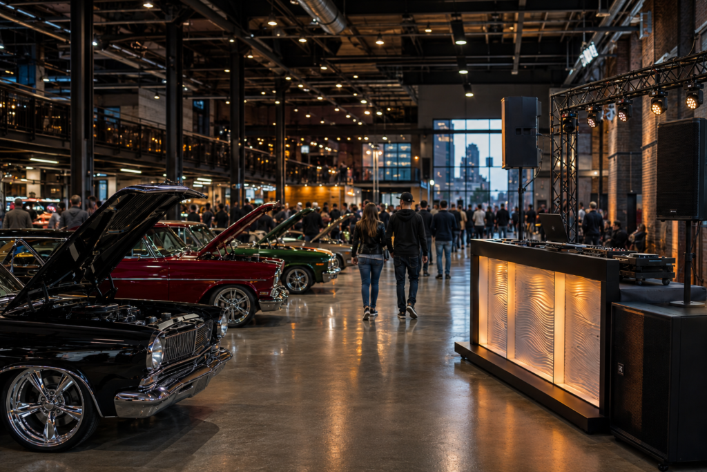Indoor car show with DJ setup