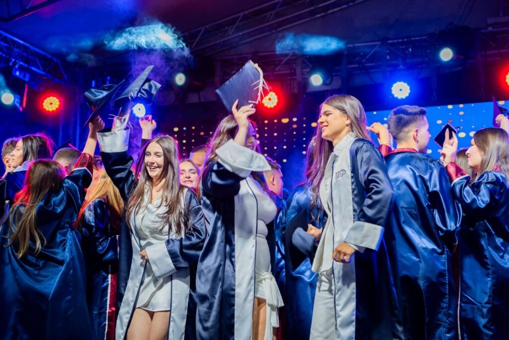 School graduation with students in cap and gown