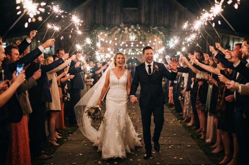 The bride & groom exit down the aisle with guests holding up sparklers.
