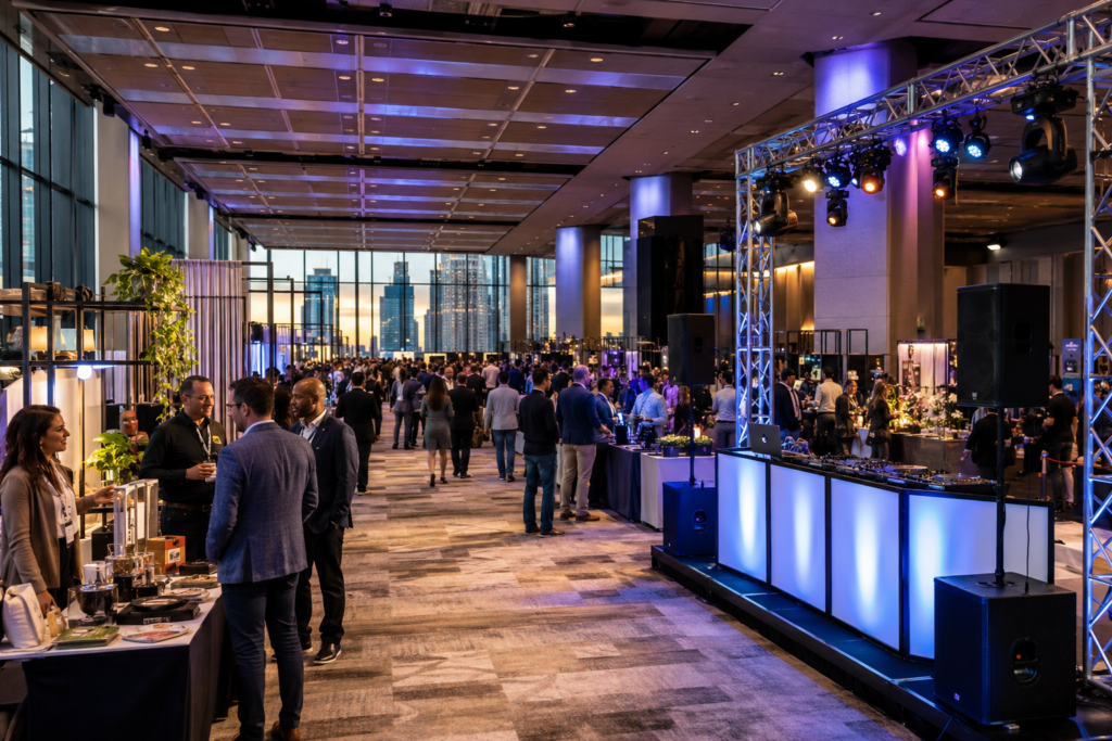 Trade show floor with DJ setup